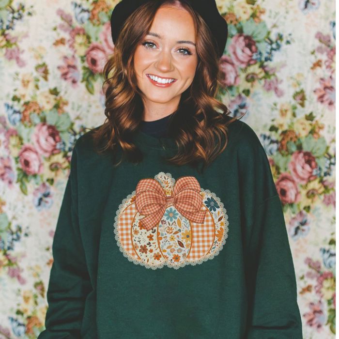 Floral Fall Patchwork Pumpkin Doily Folkart Style - Soft Drop Shoulder Sweatshirt (Crewneck)