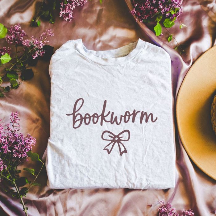 Bookworm With Bow Whimsical Style - T-Shirt (Crewneck)  100 Cotton Heavyweight Tee (Unisex)  Comfort Colors