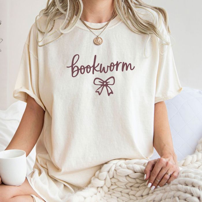 Bookworm With Bow Whimsical Style - T-Shirt (Crewneck)  100 Cotton Heavyweight Tee (Unisex)  Comfort Colors