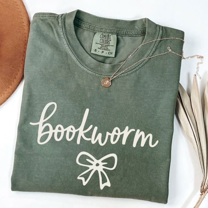 Bookworm With Bow Whimsical Style - T-Shirt (Crewneck)  100 Cotton Heavyweight Tee (Unisex)  Comfort Colors