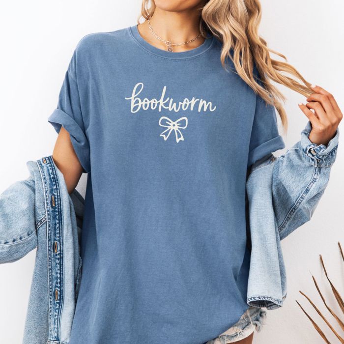 Bookworm With Bow Whimsical Style - T-Shirt (Crewneck)  100 Cotton Heavyweight Tee (Unisex)  Comfort Colors