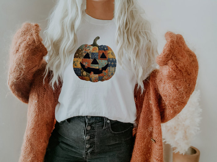 Faux Patchwork Vintage Style Jack-O-Lantern Pumpkin  - Soft and Cozy Jersey Tee (Unisex)  Bella Canvas