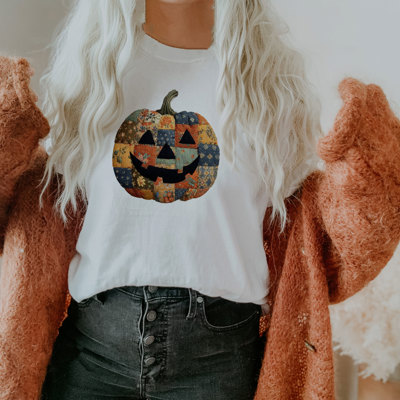 Faux Patchwork Vintage Style Jack-O-Lantern Pumpkin  - Soft and Cozy Jersey Tee (Unisex)  Bella Canvas