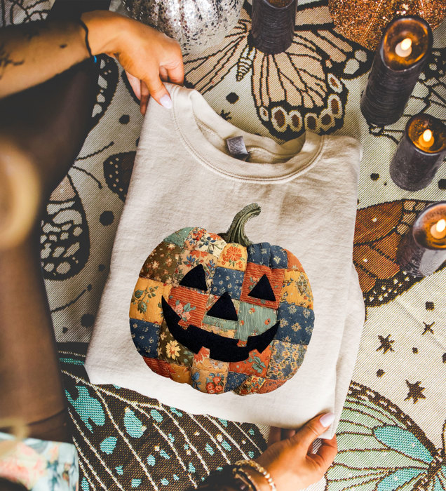 Faux Patchwork Vintage Style Jack-O-Lantern Pumpkin  - Comfy Drop Shoulder Sweatshirt (Crewneck)