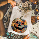  Faux Patchwork Vintage Style Jack-O-Lantern Pumpkin  - Comfy Drop Shoulder Sweatshirt (Crewneck)