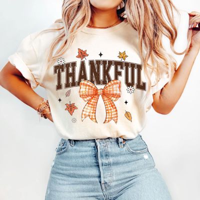 Collegiate Thankful Bow Thanksgiving Fall Autumn - T-Shirt (Crewneck)  100 Cotton Solid Colors Jersey Tee (Unisex)  Bella Canvas, T-Shirt (Crewneck)  Poly-C