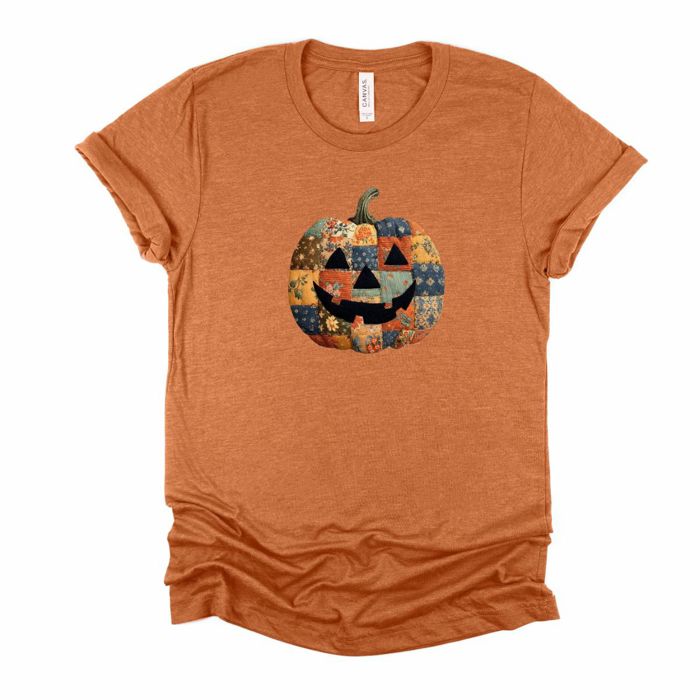 Faux Patchwork Vintage Style Jack-O-Lantern Pumpkin  - Soft and Cozy Jersey Tee (Unisex)  Bella Canvas