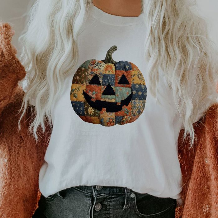 Faux Patchwork Vintage Style Jack-O-Lantern Pumpkin  - Soft and Cozy Jersey Tee (Unisex)  Bella Canvas