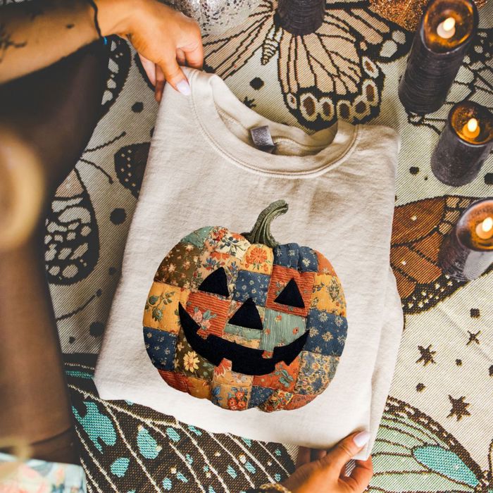 Faux Patchwork Vintage Style Jack-O-Lantern Pumpkin  - Comfy Drop Shoulder Sweatshirt (Crewneck)