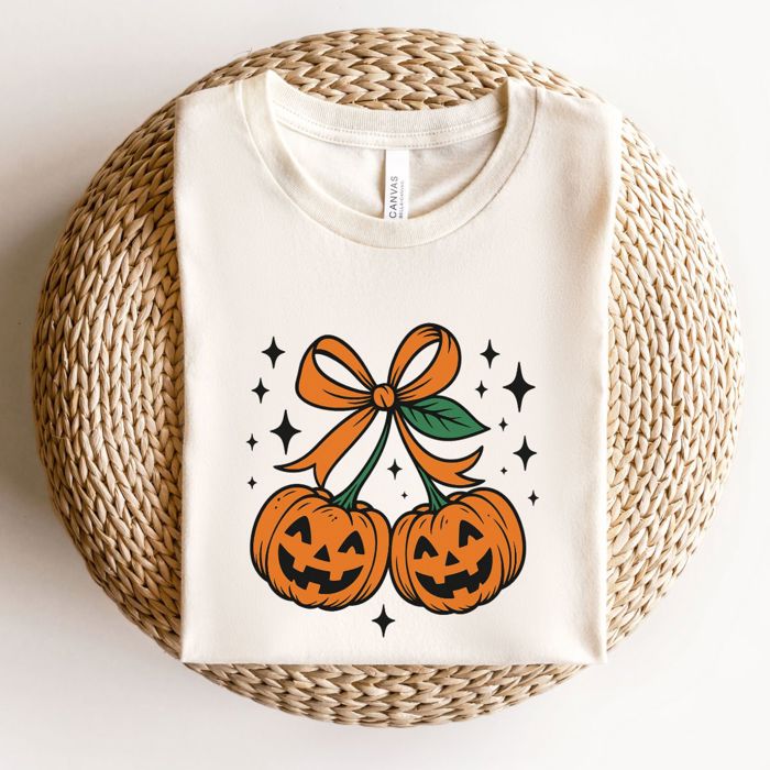 Adorable Halloween Pumpkin Cherries With Jack-OLantern Face - T-Shirt (Crewneck)  100 Cotton Solid Colors Jersey Tee (Unisex)  Bella Canvas, T-Shirt (Crewne