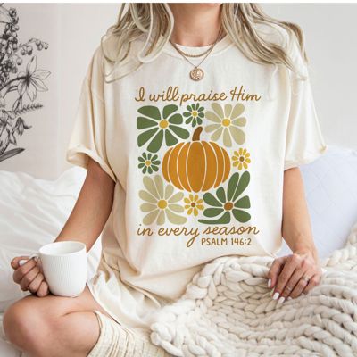 I Will Praise Him In Every Season Folk Art Pumpkins - Cozy Oversized Comfort Colors Crewneck Tee