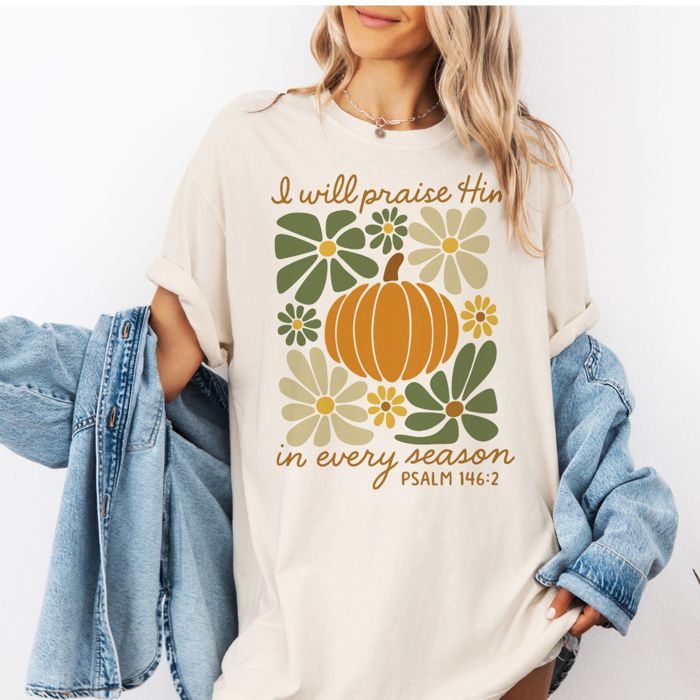 I Will Praise Him In Every Season Folk Art Pumpkins - Cozy Oversized Comfort Colors Crewneck Tee