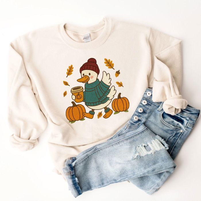 Faux Embroidery Goose Latte Autumn Fall Walk - Sweatshirt (Crewneck)  Drop Shoulder Sweater