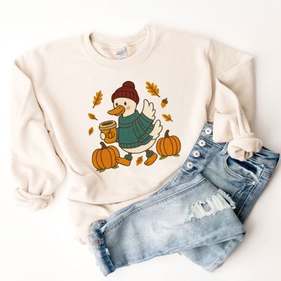 Faux Embroidery Goose Latte Autumn Fall Walk - Sweatshirt (Crewneck)  Drop Shoulder Sweater