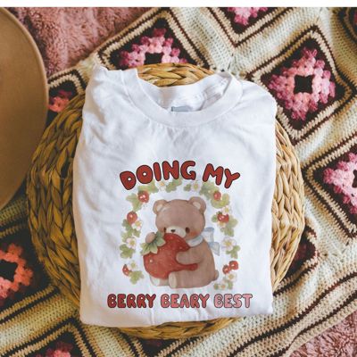 Doing My Berry Best Cute Teddy Bear With Strawberries Vintage Watercolor - T-Shirt (Crewneck)  100 Cotton Solid Colors Jersey Tee (Unisex)  Bella Canvas, T-