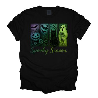 Spooky Season Montage Black Cat, Sunflower Ghost, Cute Bats, and Pumpkins - T-Shirt (Crewneck)  100 Cotton Heavyweight Tee (Unisex)  Comfort Colors
