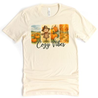 Cozy Vibes Fall Montage Scarecrow, Autumn Leaves, Pumpkins - T-Shirt (Crewneck)  100 Cotton Solid Colors Jersey Tee (Unisex)  Bella Canvas, T-Shirt (Crewnec