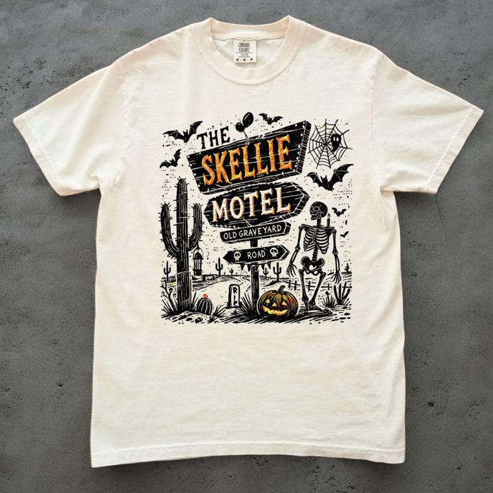 The Spooky Skellie Hotel Skeleton Halloween Fall Design - T-Shirt (Crewneck)  100 Cotton Heavyweight Tee (Unisex)  Comfort Colors