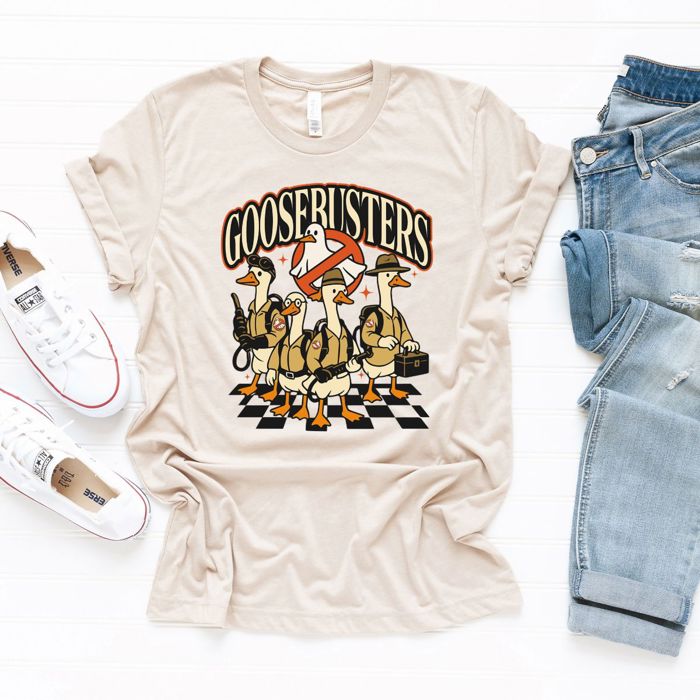 Goosebusters Funny Halloween 1980s Retro Pun Ghost Busting  - T-Shirt (Crewneck)  100 Cotton Solid Colors Jersey Tee (Unisex)  Bella Canvas, T-Shirt (Crewne