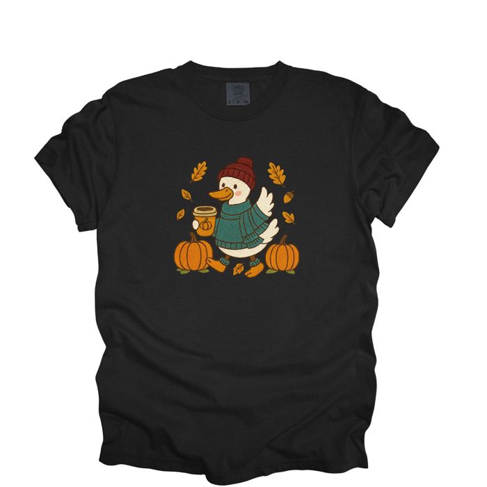 Fall Autumn Goose Latte Walk Faux Embroidery Design - T-Shirt (Crewneck)  100 Cotton Heavyweight Tee (Unisex)  Comfort Colors