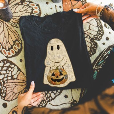 Spooky Faux Patchwork Ghostie Perfect Halloween Fall Design - T-Shirt (Crewneck)  Cozy Bella Canvas