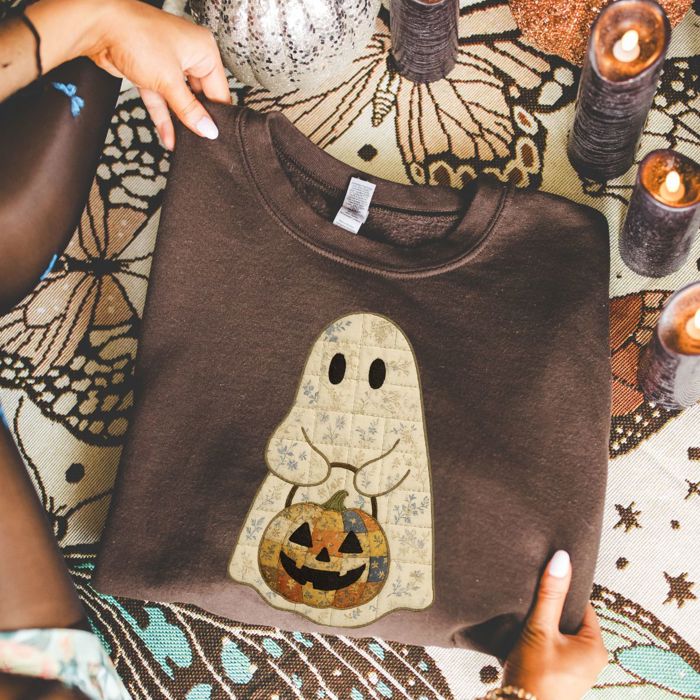 Spooky Faux Patchwork Ghostie Perfect Halloween Fall Design - T-Shirt (Crewneck)  Cozy Bella Canvas
