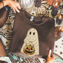  Spooky Faux Patchwork Ghostie Perfect Halloween Fall Design - T-Shirt (Crewneck)  Cozy Bella Canvas