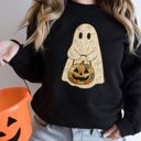  Spooky Faux Patchwork Ghostie Perfect Halloween Fall Design - T-Shirt (Crewneck)  Cozy Bella Canvas