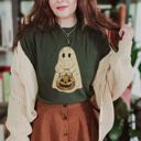  Spooky Faux Patchwork Ghostie Perfect Halloween Fall Design - T-Shirt (Crewneck)  Cozy Bella Canvas