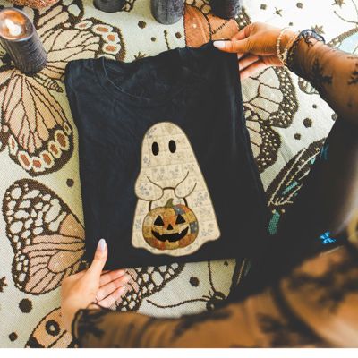 Faux Quilted Spooky Halloween Ghostie - T-Shirt (Crewneck)  100 Cotton Solid Colors Jersey Tee (Unisex)  Bella Canvas, T-Shirt (Crewneck)  Poly-Cotton Heath