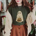  Faux Quilted Spooky Halloween Ghostie - T-Shirt (Crewneck)  100 Cotton Solid Colors Jersey Tee (Unisex)  Bella Canvas, T-Shirt (Crewneck)  Poly-Cotton Heath
