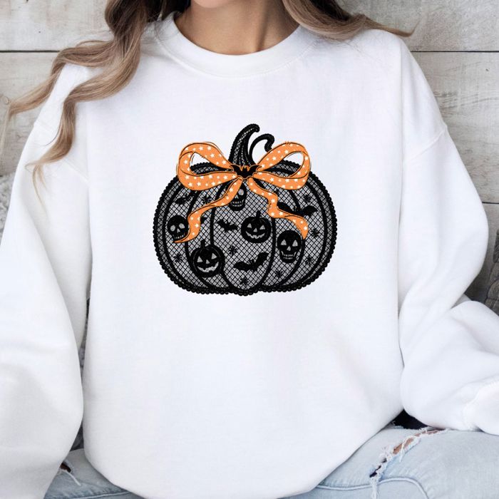 Faux Black Lace Pumpkin With Bow For Halloween and Fall - Sweatshirt (Crewneck)  Poly-Cotton Colors (Unisex)  Gildan