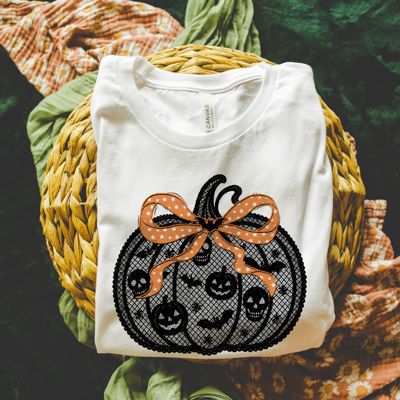 Faux Black Lace Halloween Style Pumpkin Perfect For Fall - T-Shirt (Crewneck)  100 Cotton Solid Colors Jersey Tee (Unisex)  Bella Canvas, T-Shirt (Crewneck)