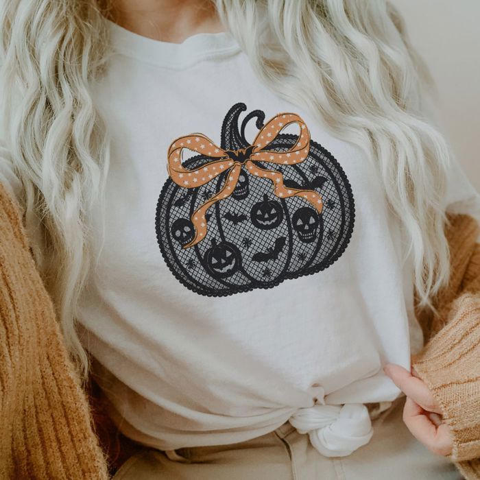 Faux Black Lace Halloween Style Pumpkin Perfect For Fall - T-Shirt (Crewneck)  100 Cotton Solid Colors Jersey Tee (Unisex)  Bella Canvas, T-Shirt (Crewneck)