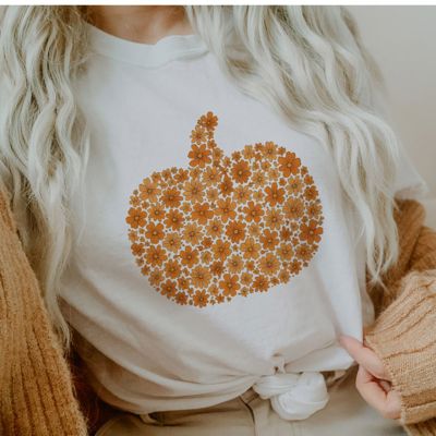 Ditzy Floral Orange Fall Pumpkin - Super Soft and Cozy Bella Canvas, T-Shirt (Crewneck) 