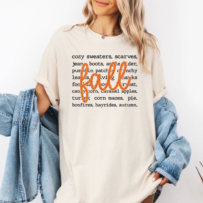 Faux Sparkly Fall With Autumn Words in Background - T-Shirt (Crewneck)  100 Cotton Heavyweight Tee (Unisex)  Comfort Colors