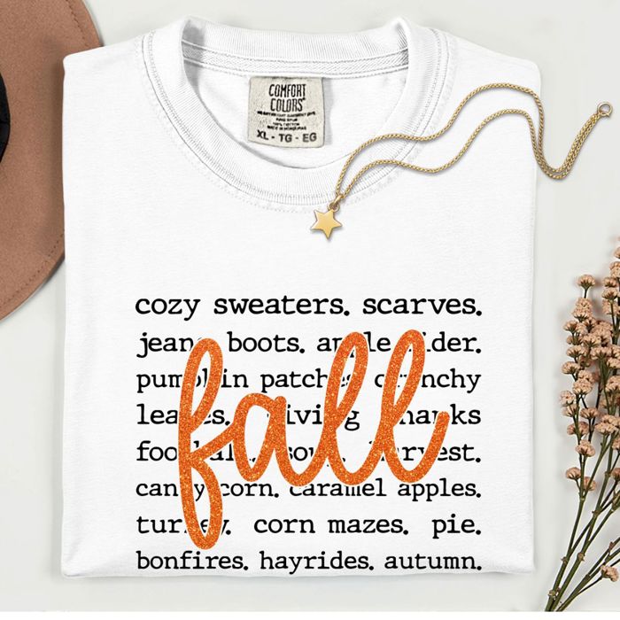 Faux Sparkly Fall With Autumn Words in Background - T-Shirt (Crewneck)  100 Cotton Heavyweight Tee (Unisex)  Comfort Colors