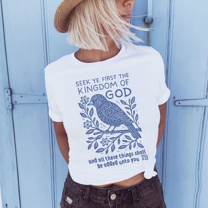Seek Ye First The Kingdom of God Matt 633 Christian Inspirational Bible Verse - T-Shirt (Crewneck)  100 Cotton Solid Colors Jersey Tee (Unisex)  Bella Canva