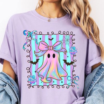 Faux Iridescent Bow Ghost With Square - Halloween Cutie  - T-Shirt (Crewneck)  100 Cotton Heavyweight Tee (Unisex)  Comfort Colors