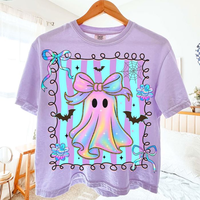 Faux Iridescent Bow Ghost With Square - Halloween Cutie  - T-Shirt (Crewneck)  100 Cotton Heavyweight Tee (Unisex)  Comfort Colors