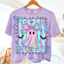  Faux Iridescent Bow Ghost With Square - Halloween Cutie  - T-Shirt (Crewneck)  100 Cotton Heavyweight Tee (Unisex)  Comfort Colors
