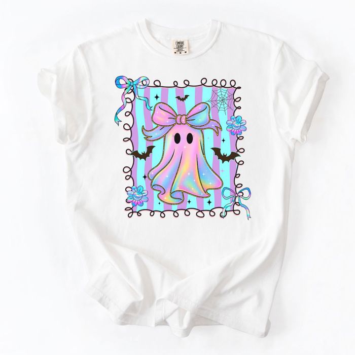 Faux Iridescent Bow Ghost With Square - Halloween Cutie  - T-Shirt (Crewneck)  100 Cotton Heavyweight Tee (Unisex)  Comfort Colors
