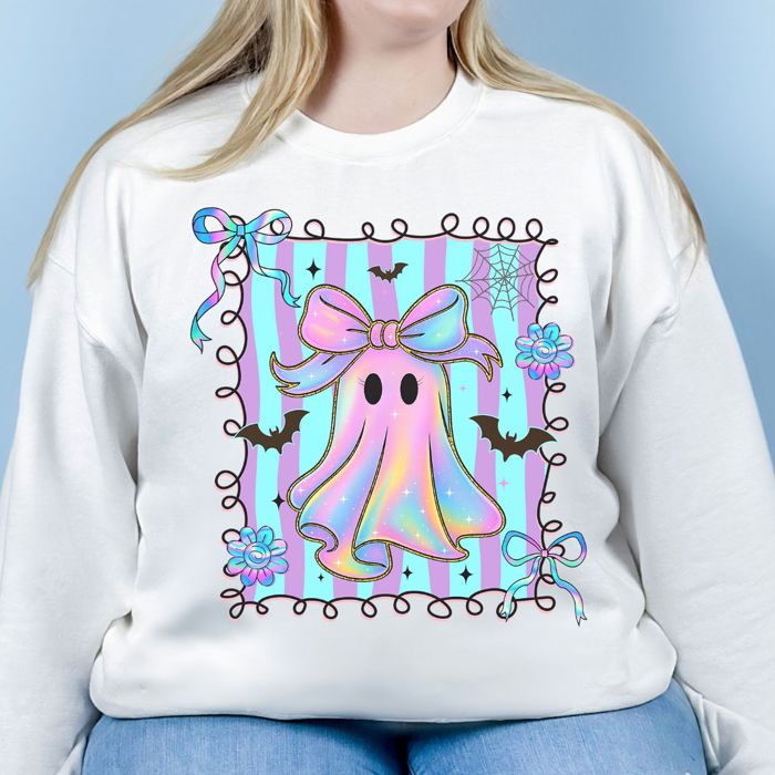 Faux Iridescent Bow Ghost With Square - Halloween Cutie  - Cozy Sweatshirts