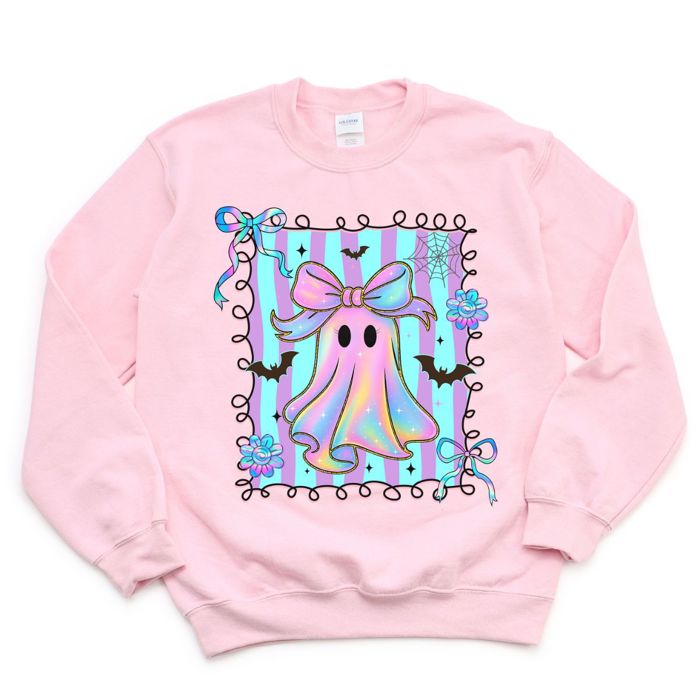 Faux Iridescent Bow Ghost With Square - Halloween Cutie  - Cozy Sweatshirts