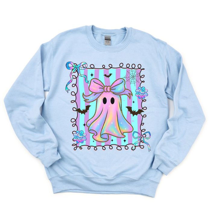 Faux Iridescent Bow Ghost With Square - Halloween Cutie  - Cozy Sweatshirts