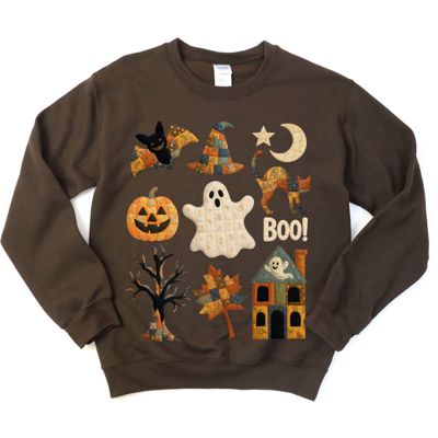 Faux Quilted Halloween Elements Fall Autumn Design - Sweatshirt (Crewneck)  Poly-Cotton Colors (Unisex)  Gildan