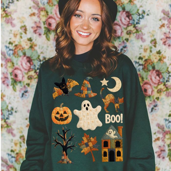 Faux Quilted Halloween Elements Fall Autumn Design - Sweatshirt (Crewneck)  Poly-Cotton Colors (Unisex)  Gildan