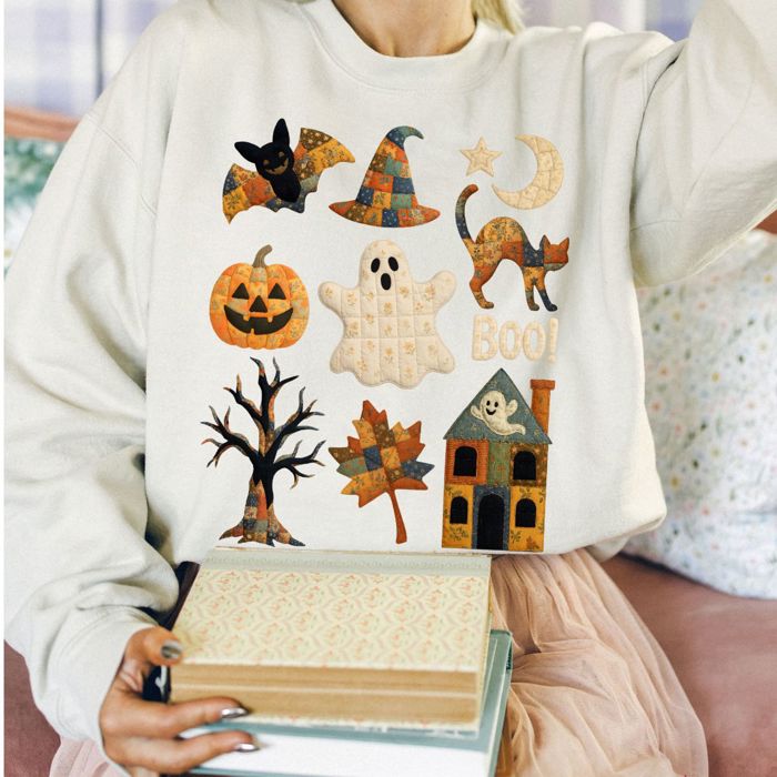 Faux Quilted Halloween Elements Fall Autumn Design - Sweatshirt (Crewneck)  Poly-Cotton Colors (Unisex)  Gildan