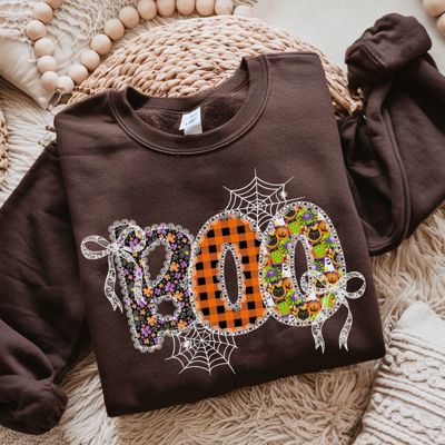Boo Faux Applique Lace Halloween Fall Design - Sweatshirt (Crewneck)  Poly-Cotton Colors (Unisex)  Gildan