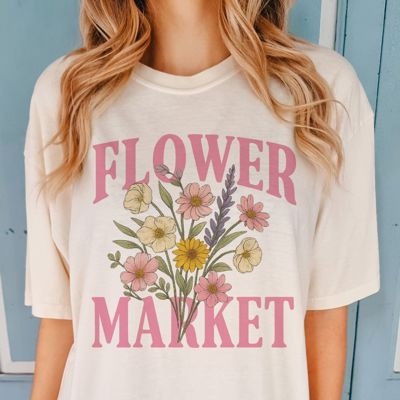 FLOWER MARKET - Illustrated Floral Bouquet Design - T-Shirt (Crewneck)  100 Cotton Heavyweight Tee (Unisex)  Comfort Colors